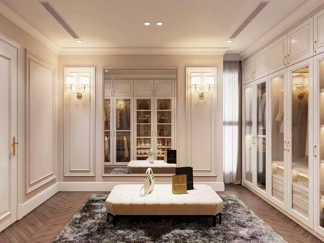 luxury dressing room with full height mirror and bench