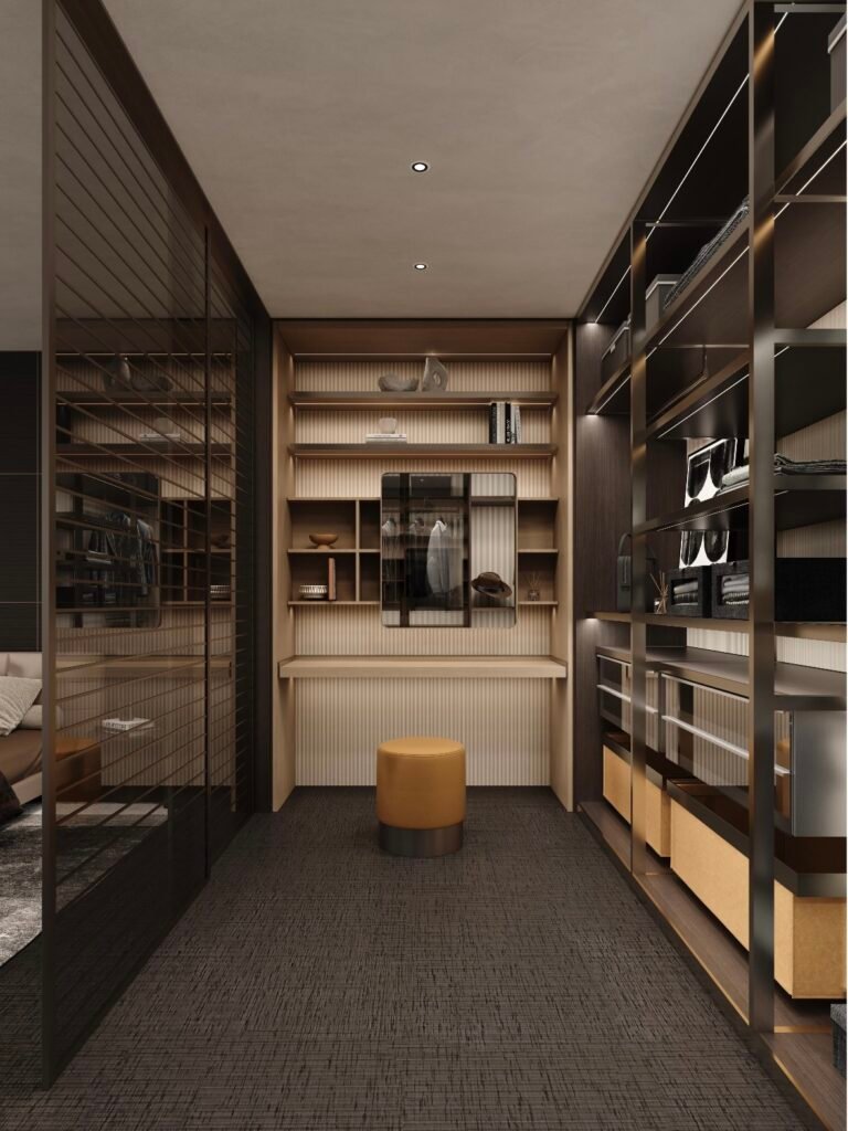 luxury dressing room with open shelving and led lighting