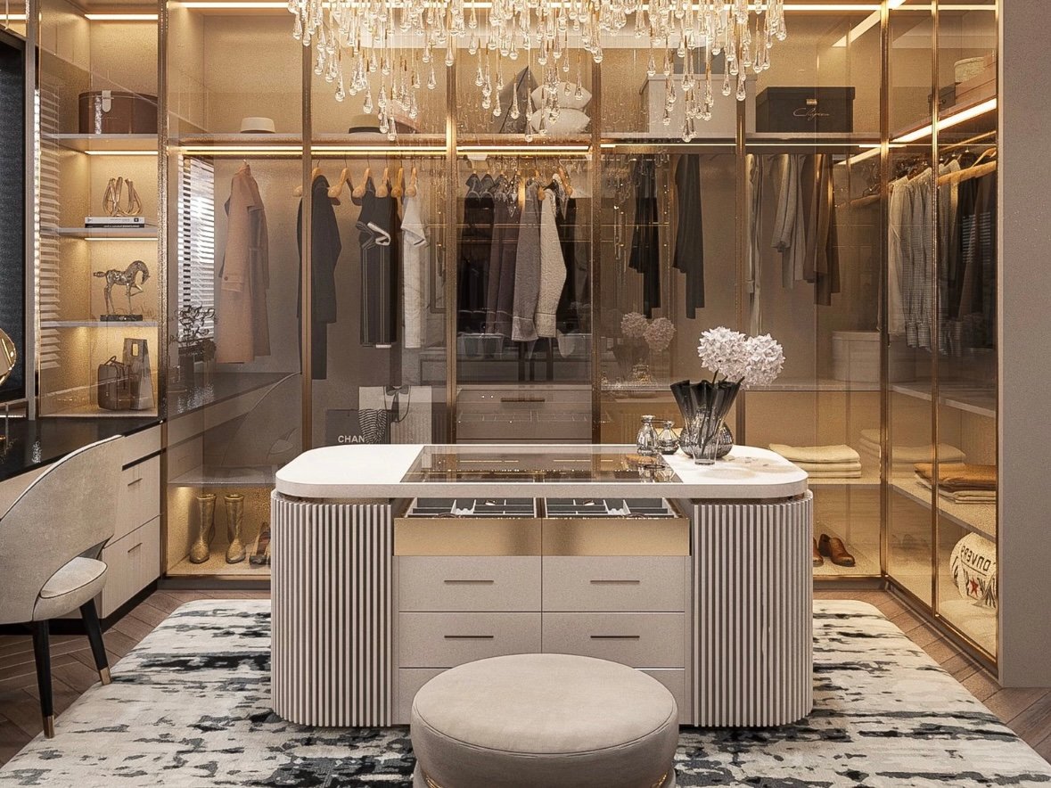 luxury glass walk in closet with island storage Wardrobe cabinet design with jewelry island