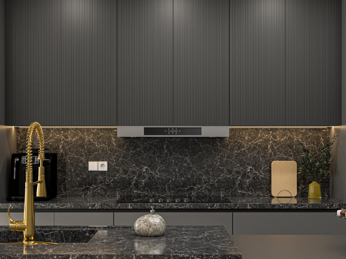 luxury modern kitchen cabinet with textured panel and marble backsplash