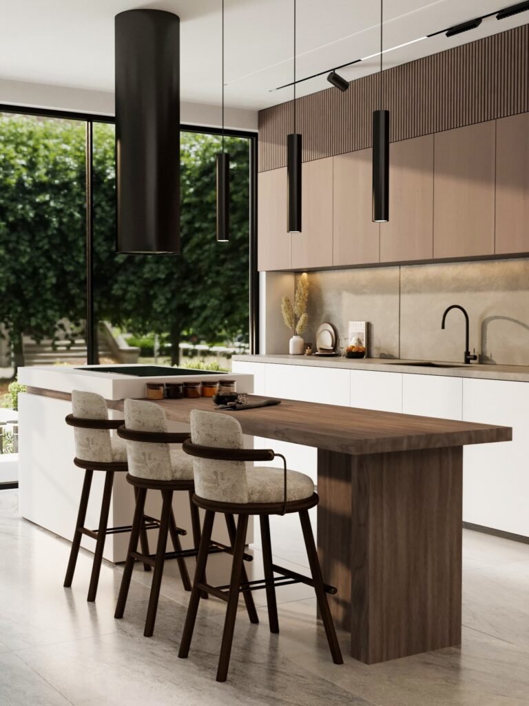 luxury modern kitchen design with island seating and pendant lighting