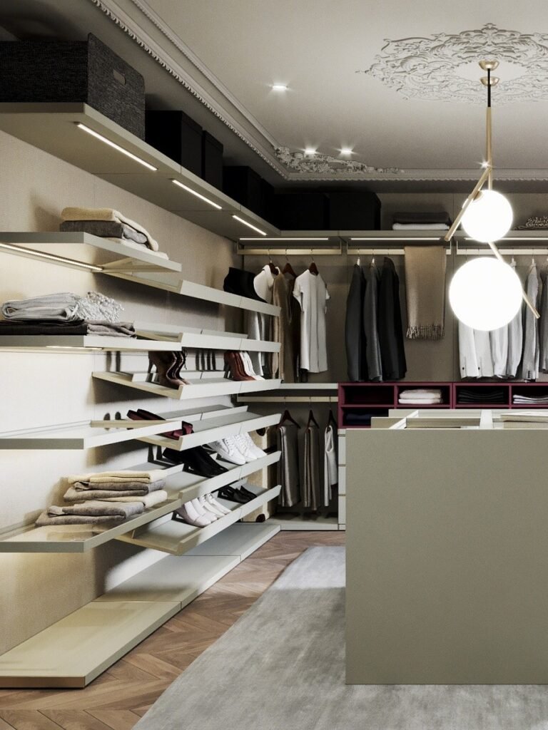 luxury open closet system with shoe storage and display shelves