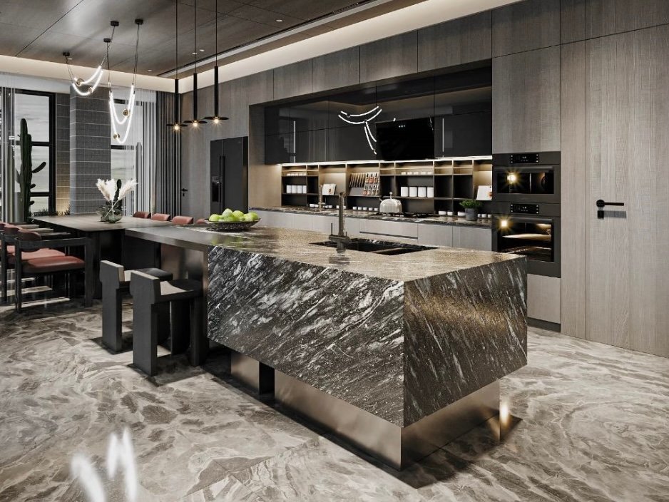 luxury open kitchen with marble island and dining area