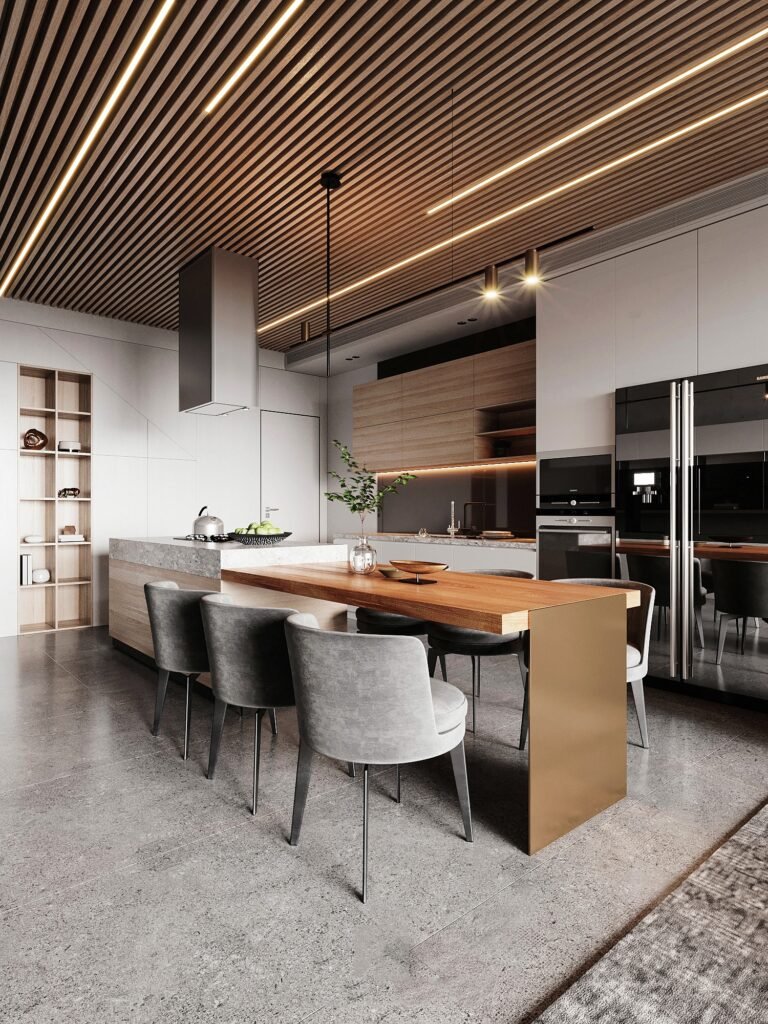 luxury open plan living room kitchen modern minimalist interior