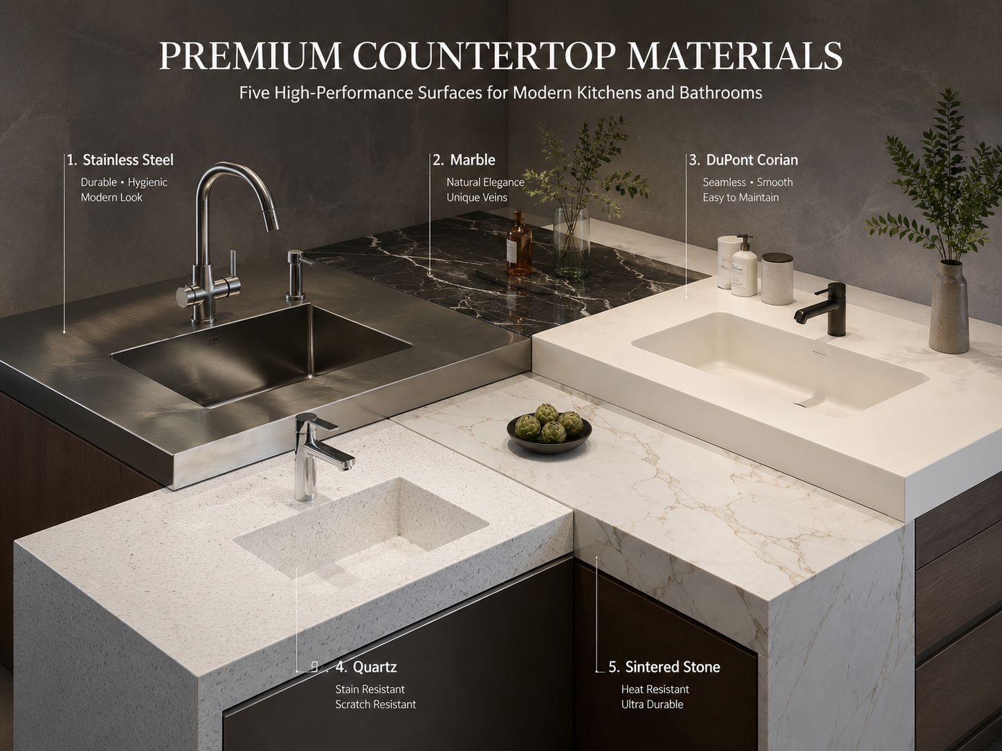 Modern Countertop Materials for Kitchen and Bathroom Design