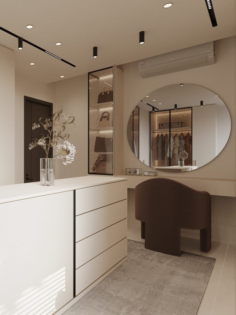 luxury walk in closet vanity space with led display shelves