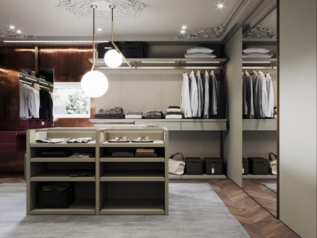 luxury walk in closet with custom open wardrobe storage