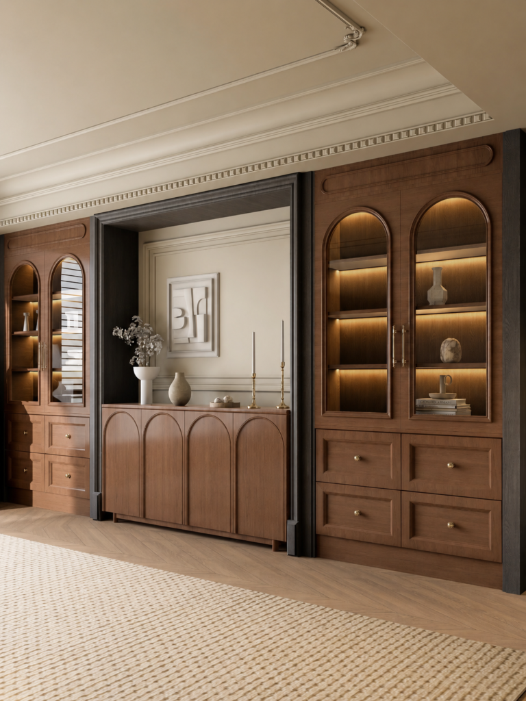luxury walnut wall cabinet with led display and storage