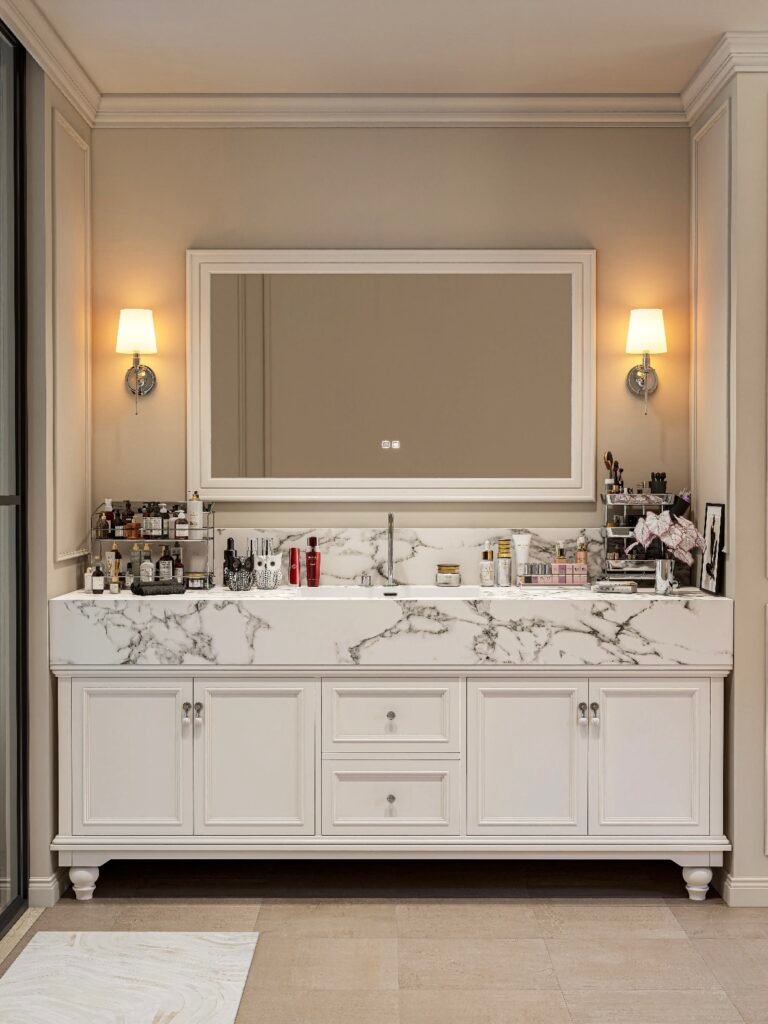 luxury white bathroom storage cabinet with led wall light
