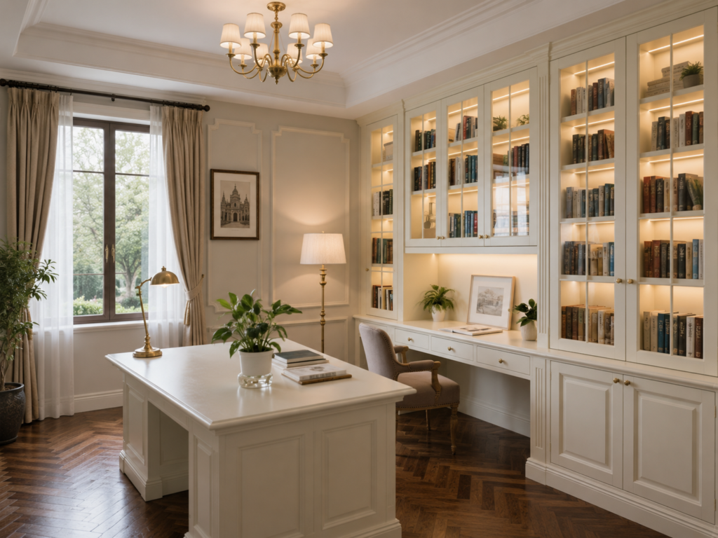 luxury white bookcase study room with led lighting