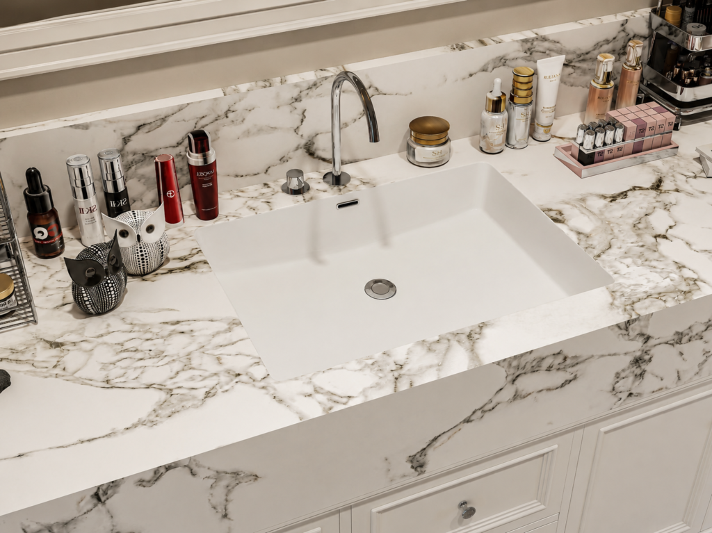 marble bathroom vanity countertop with integrated sink detail