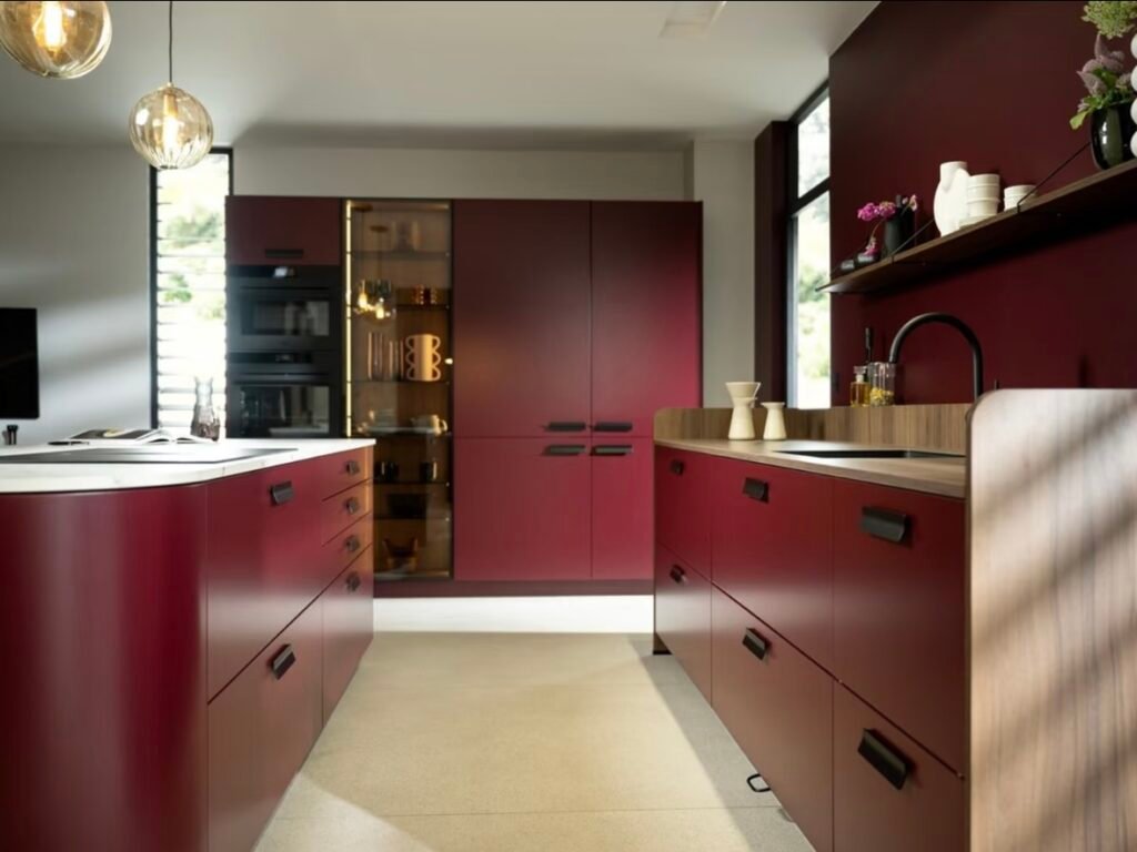 matte burgundy kitchen cabinet design