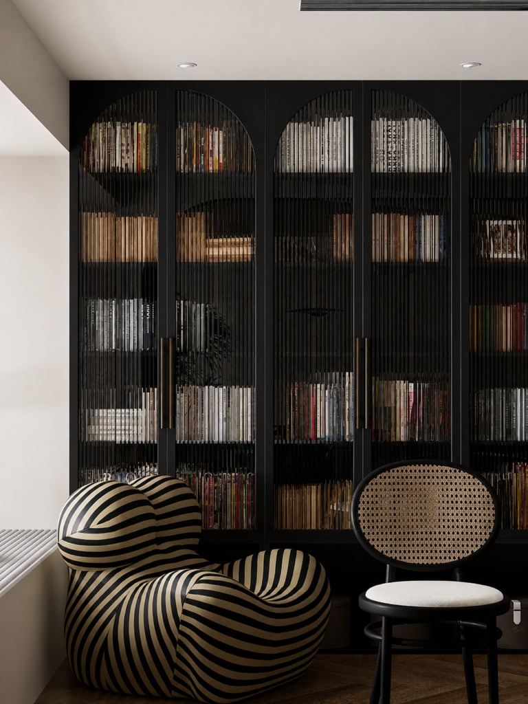 minimalist black home library bookcase with glass doors