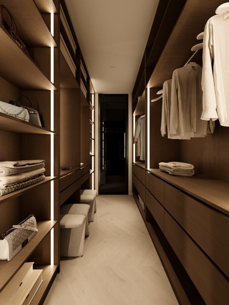minimalist dark wood closet with integrated led storage system