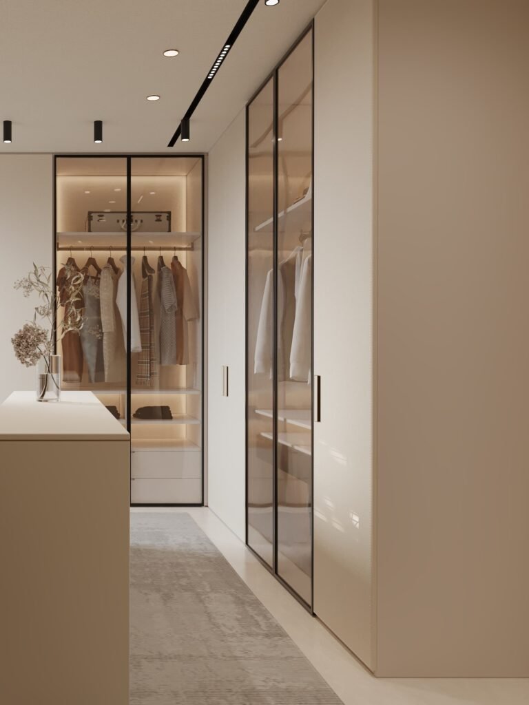 minimalist glass door closet with built in storage system