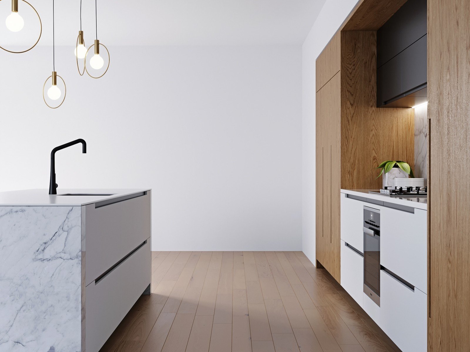 minimalist kitchen cabinet with integrated storage and island