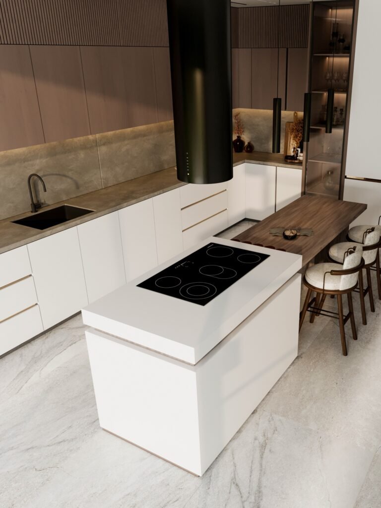 minimalist kitchen island with induction cooktop and handleless cabinets