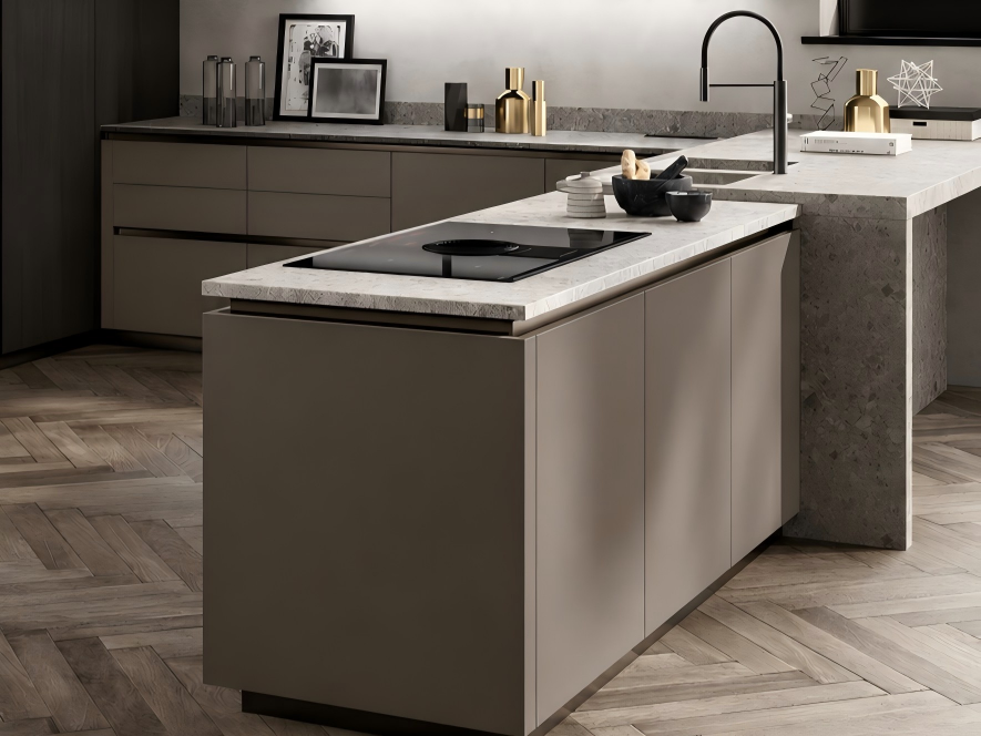 minimalist kitchen island with quartz countertop