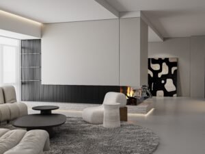 Modern open-plan living room with fireplace