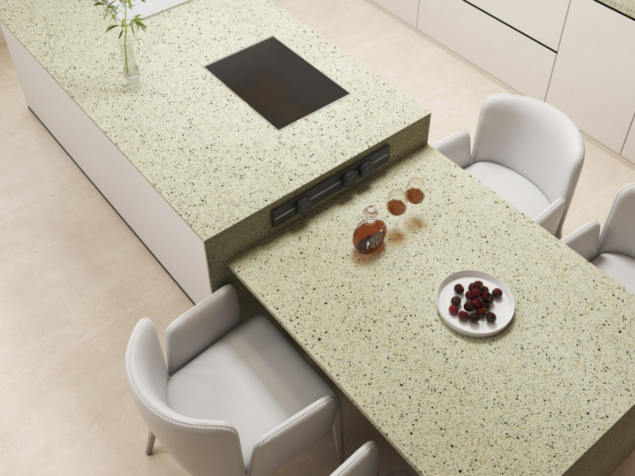 Sintered stone kitchen island countertop with fruit bowl