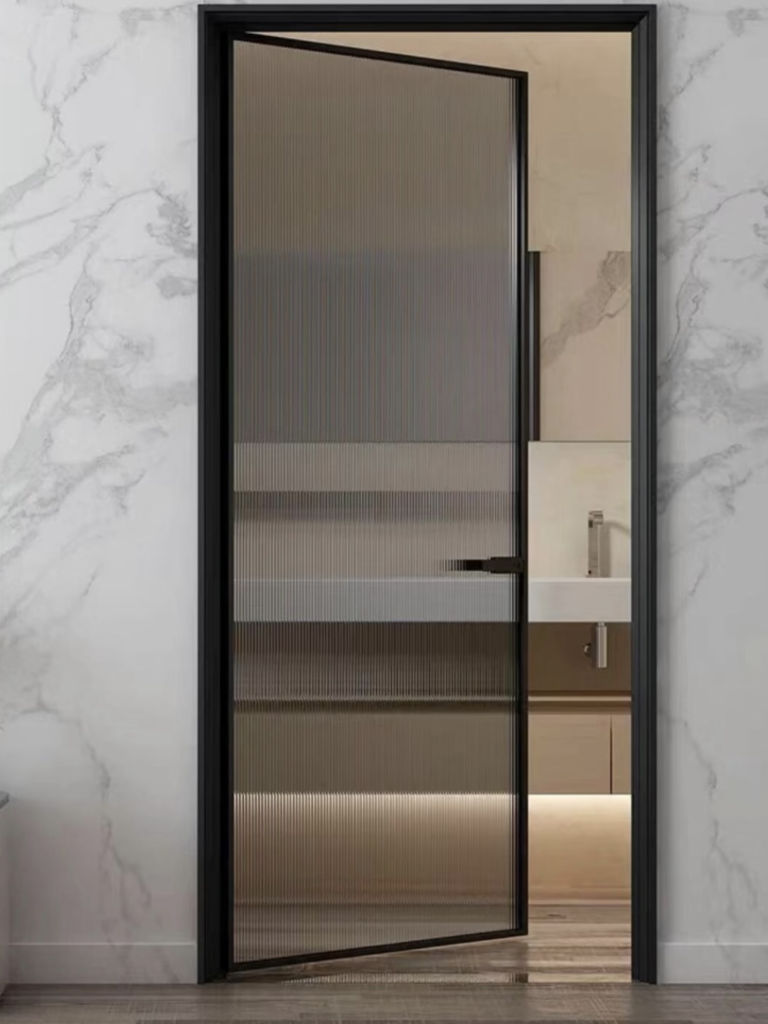 minimalist ribbed glass swing door with black aluminum frame