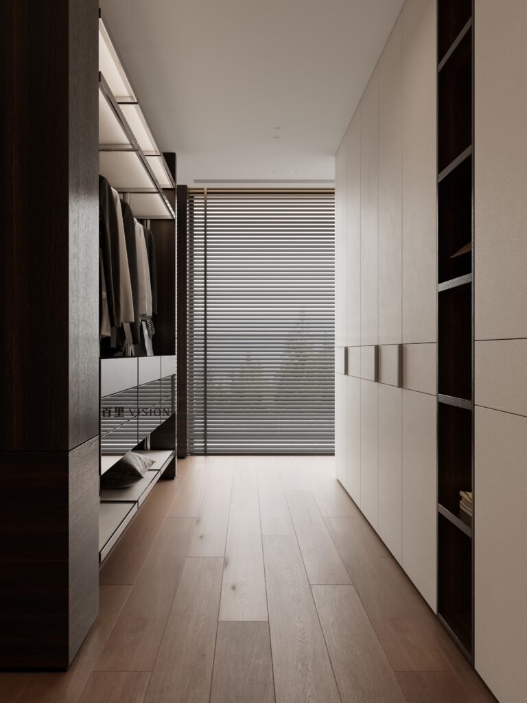minimalist walk in closet with floor to ceiling cabinets