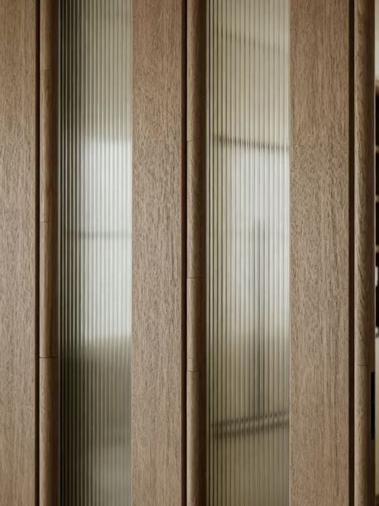 minimalist wood frame ribbed glass partition door design