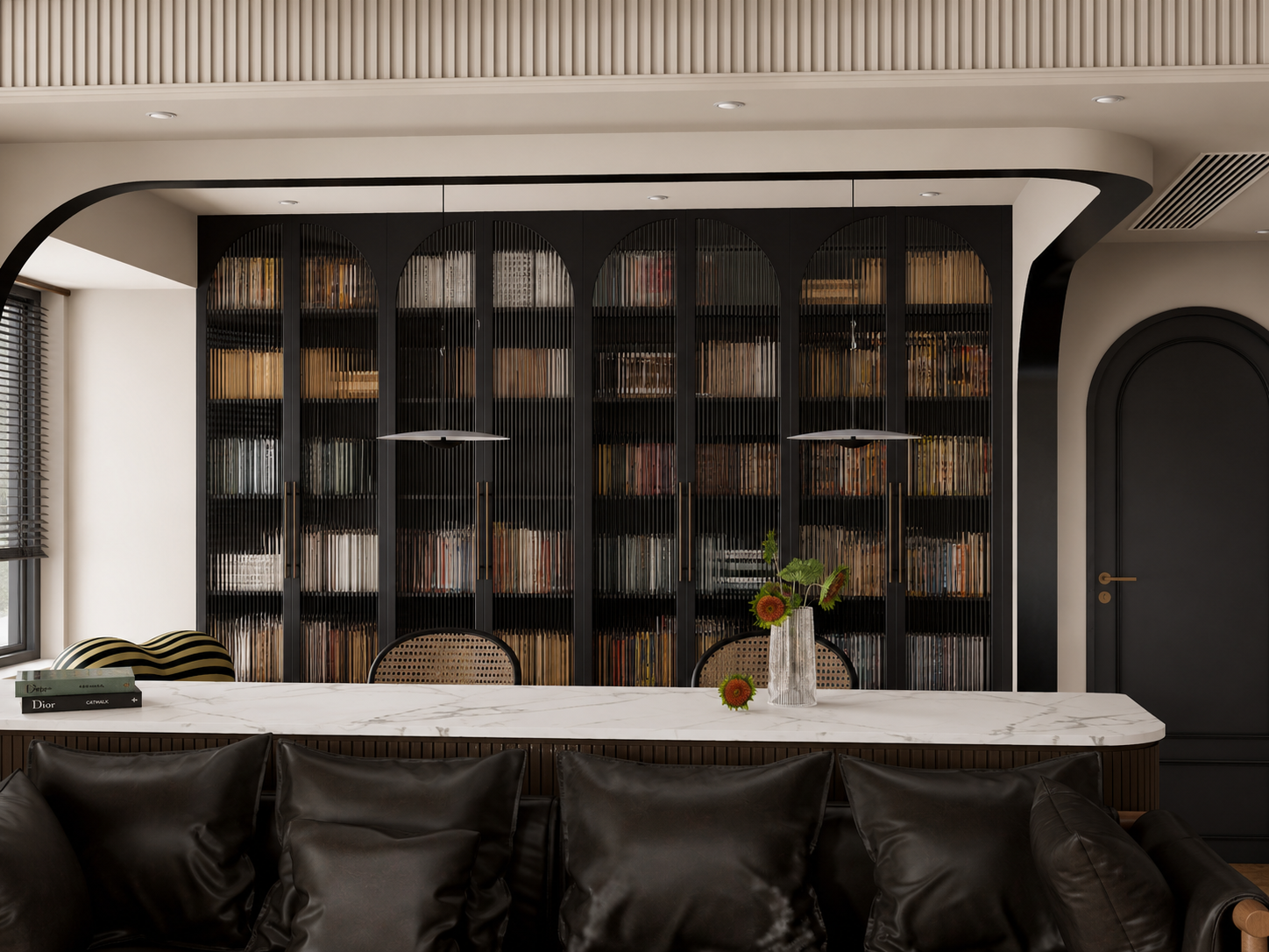 modern arched glass display bookcase with storage