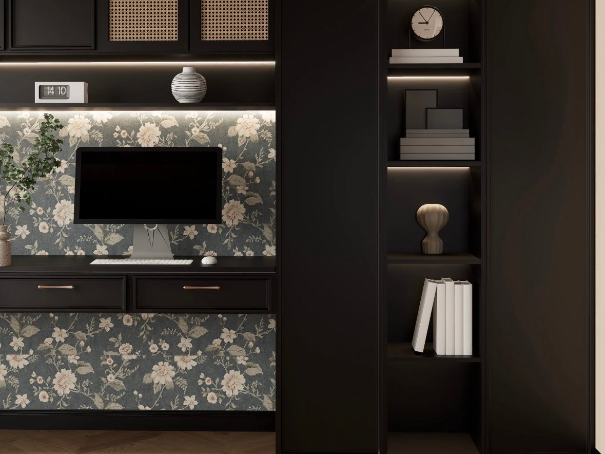 modern black display shelf and home office cabinet