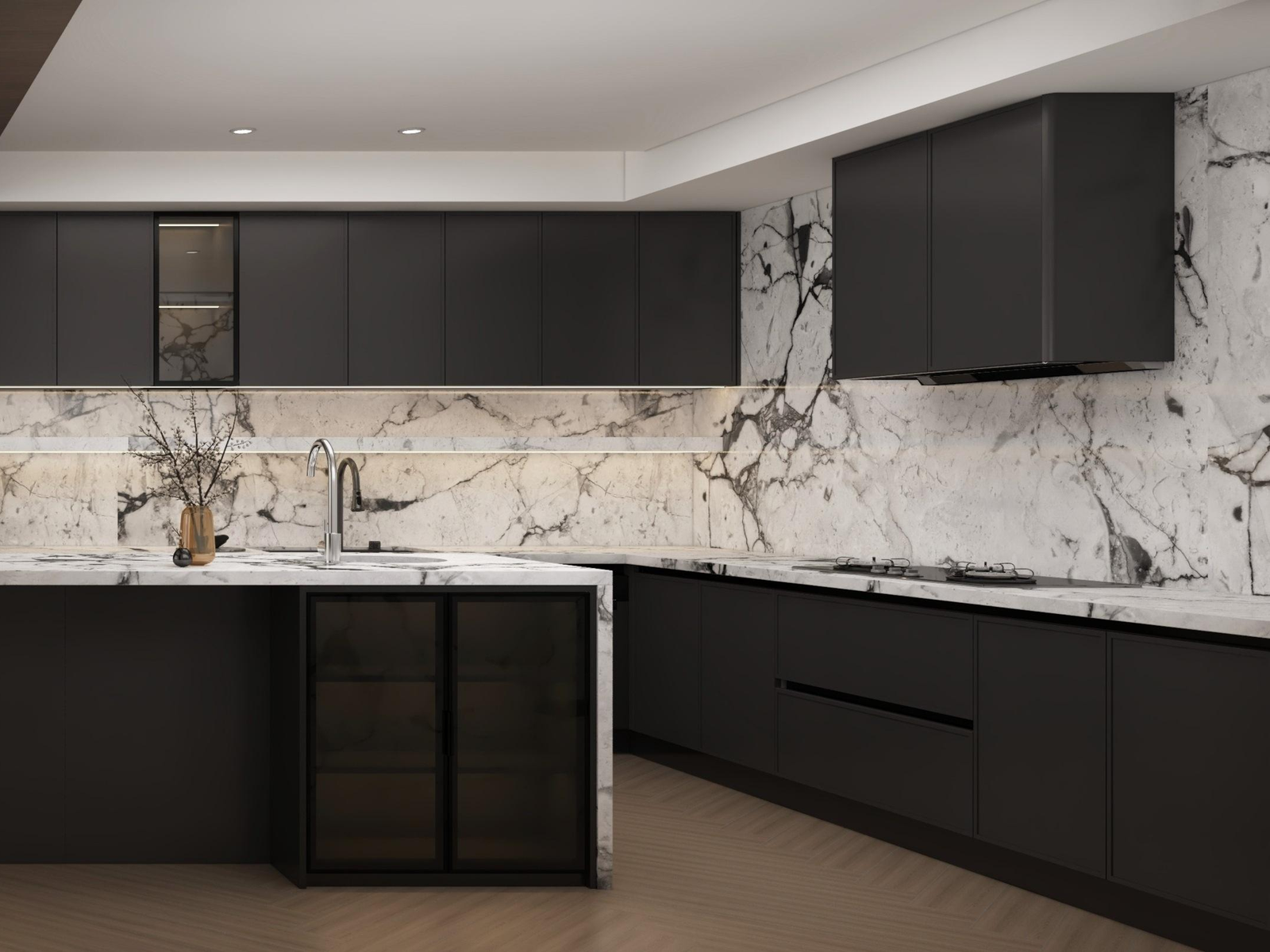 modern black kitchen cabinets sintered stone countertop side view 1