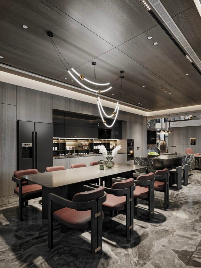 modern black marble waterfall kitchen island