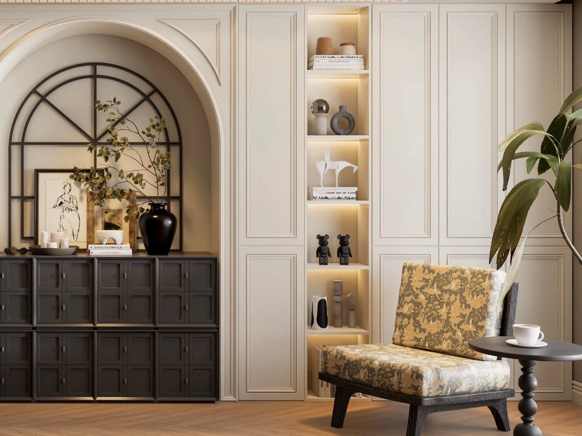 modern classic built in storage wall with decor display