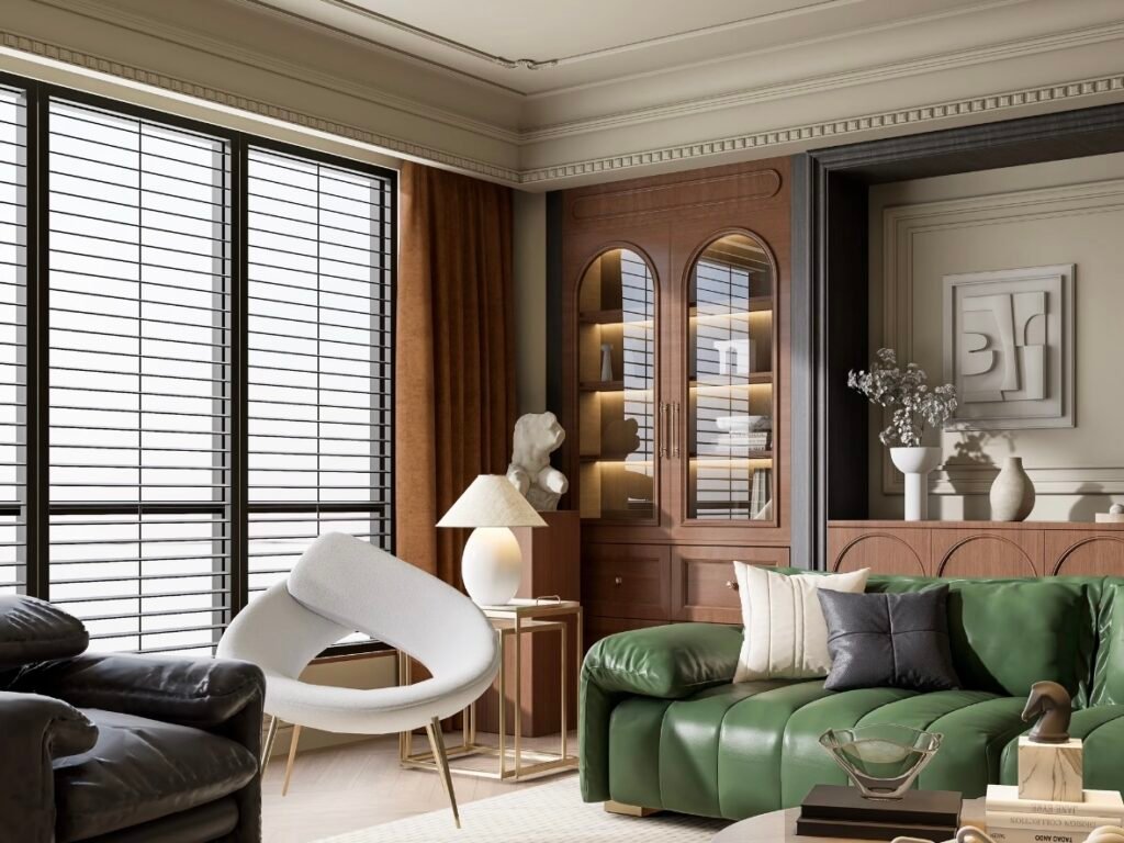 modern classic living room storage wall with display cabinet
