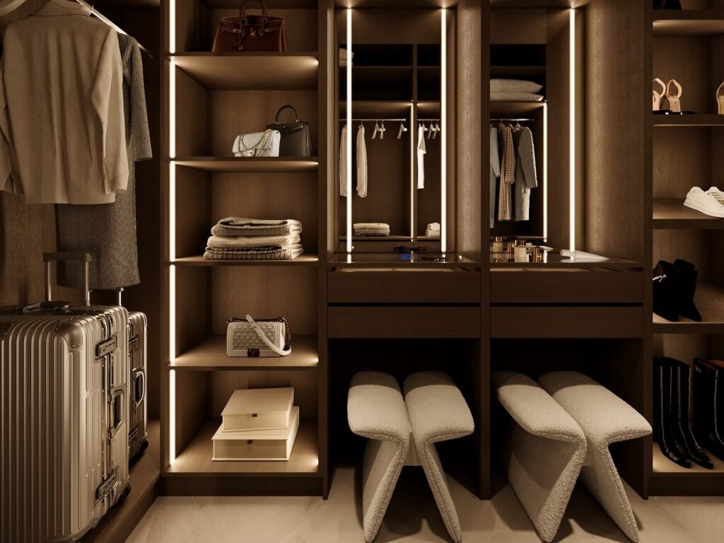 Hotel wardrobe design with ottomans.