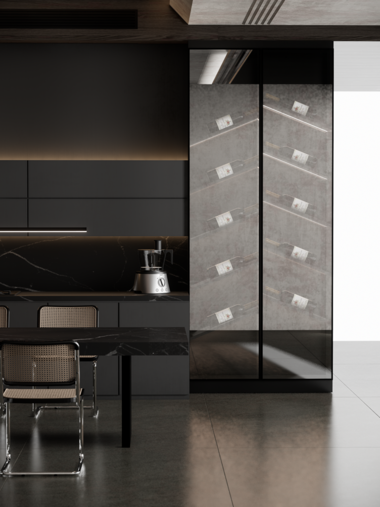 modern dark kitchen wine cabinet glass door built in storage design