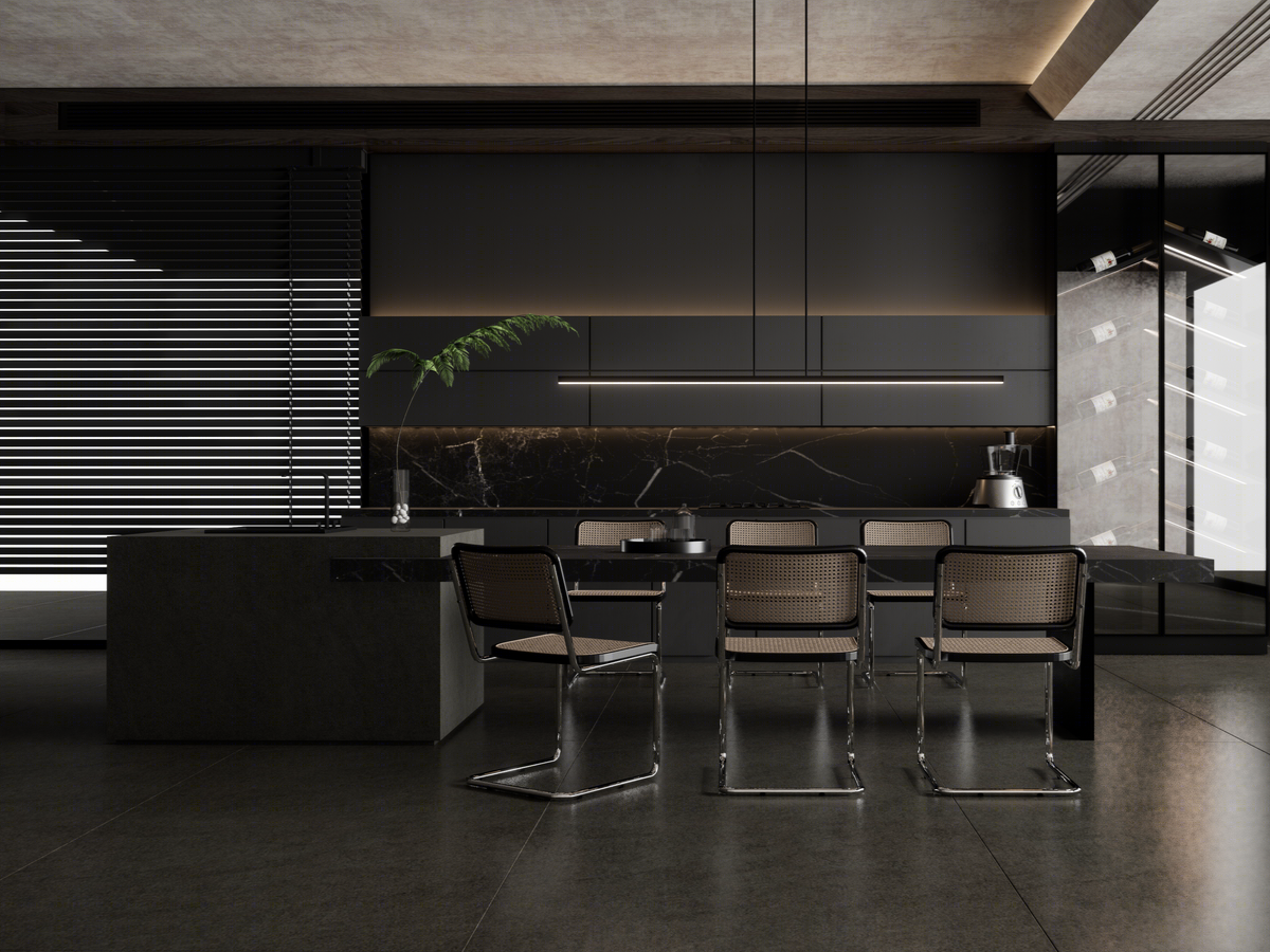 modern dark luxury kitchen island custom cabinetry marble dining set