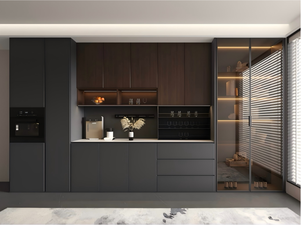 modern dark wood sideboard with glass display cabinet