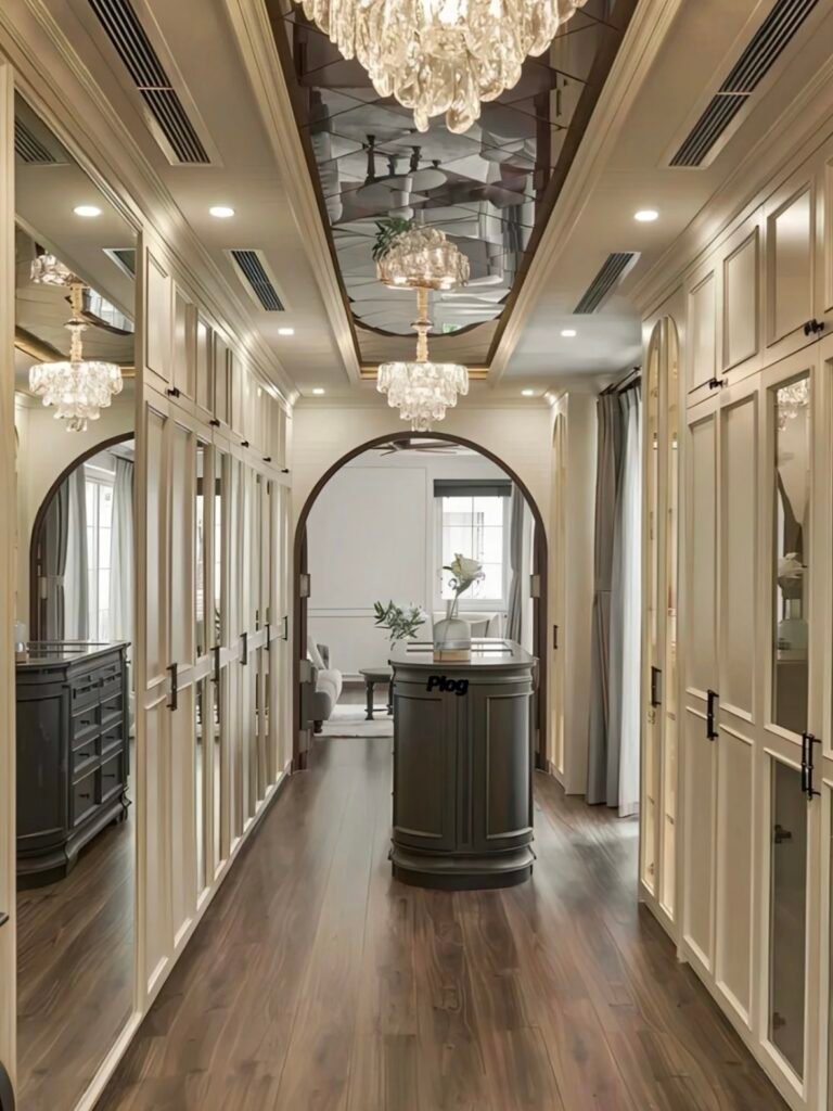 modern elegant walk in closet island storage