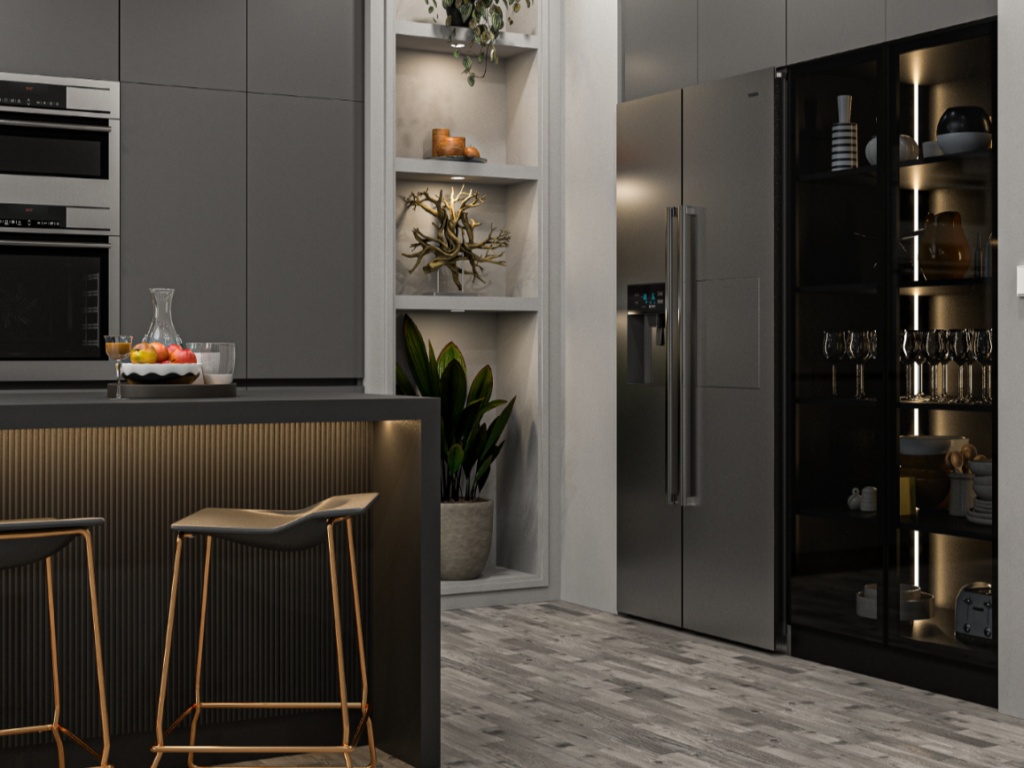 modern kitchen cabinet glass display storage and built in refrigerator