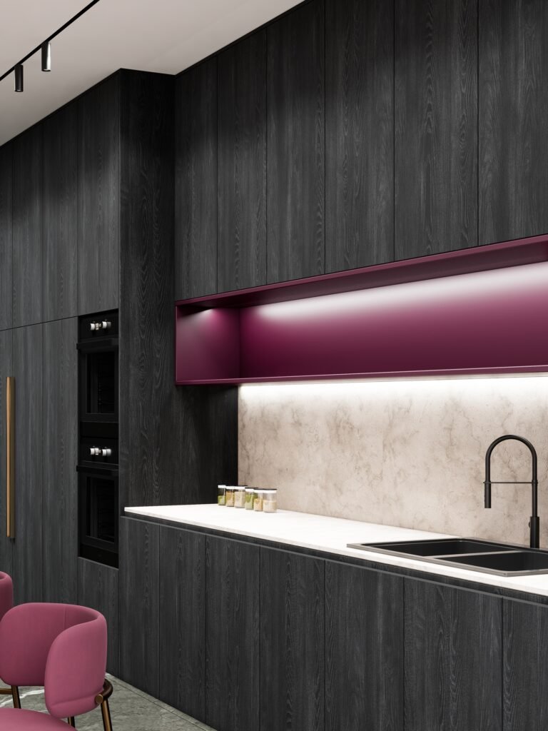 modern kitchen cabinets matte dark wood backsplash 1