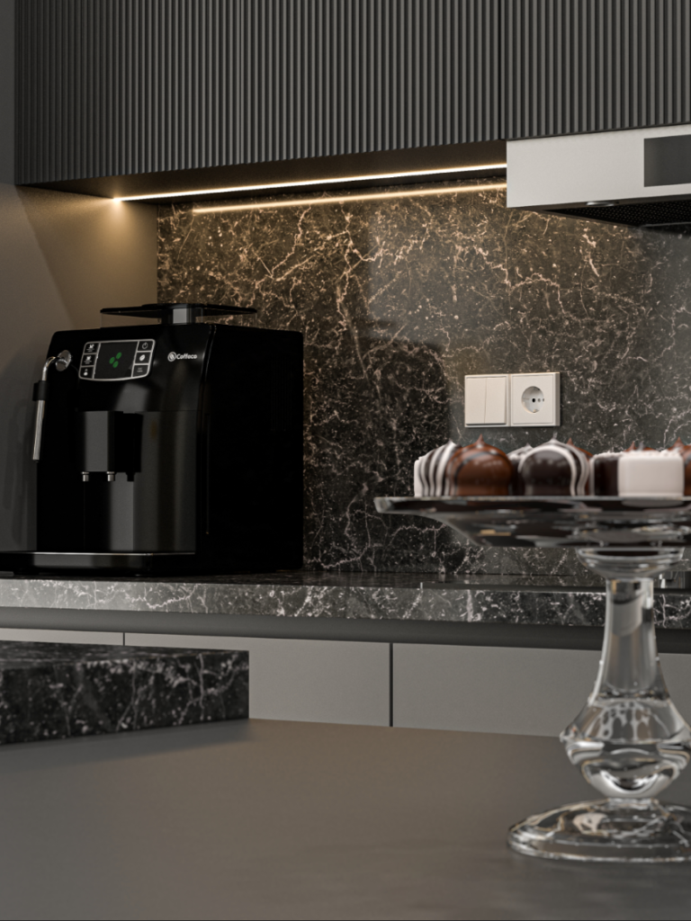 modern kitchen coffee station with led lighting and stone backsplash