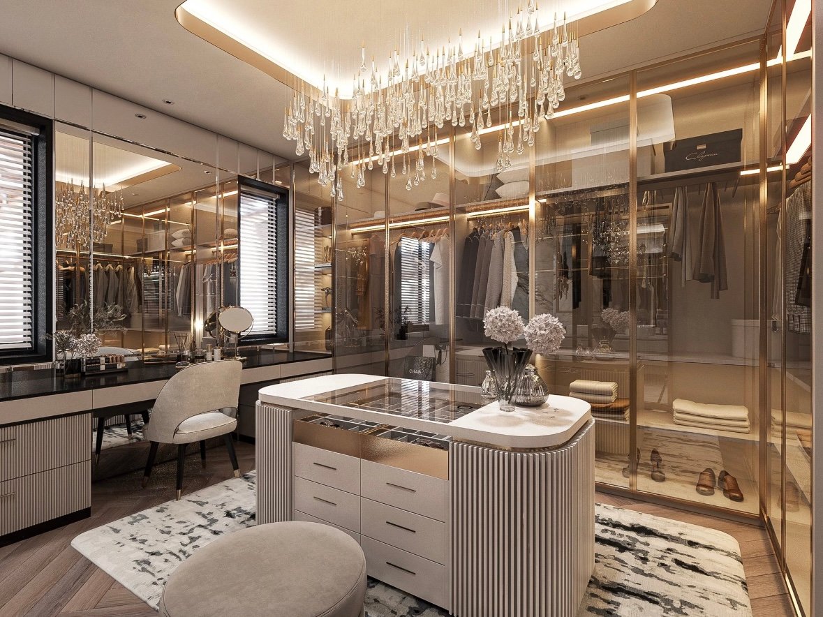 modern luxury dressing room custom wardrobe system Glossy Wardrobes