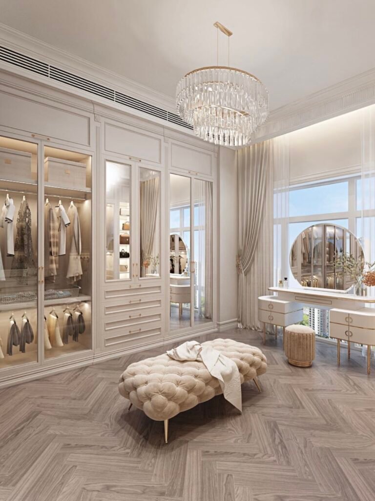 modern luxury dressing room with crystal chandelier