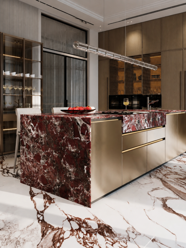 modern luxury kitchen with red marble island