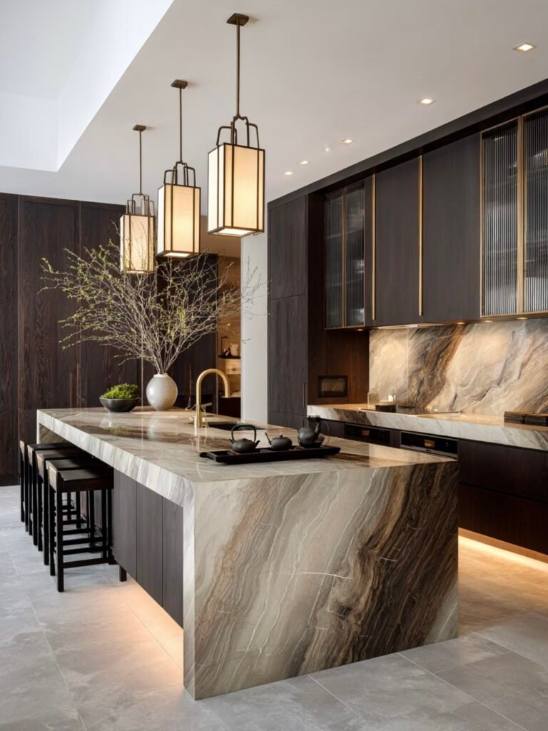modern marble kitchen island dark wood cabinetry