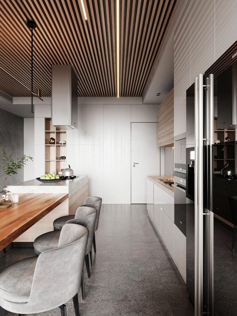 modern open plan kitchen with marble island and wood ceiling 1