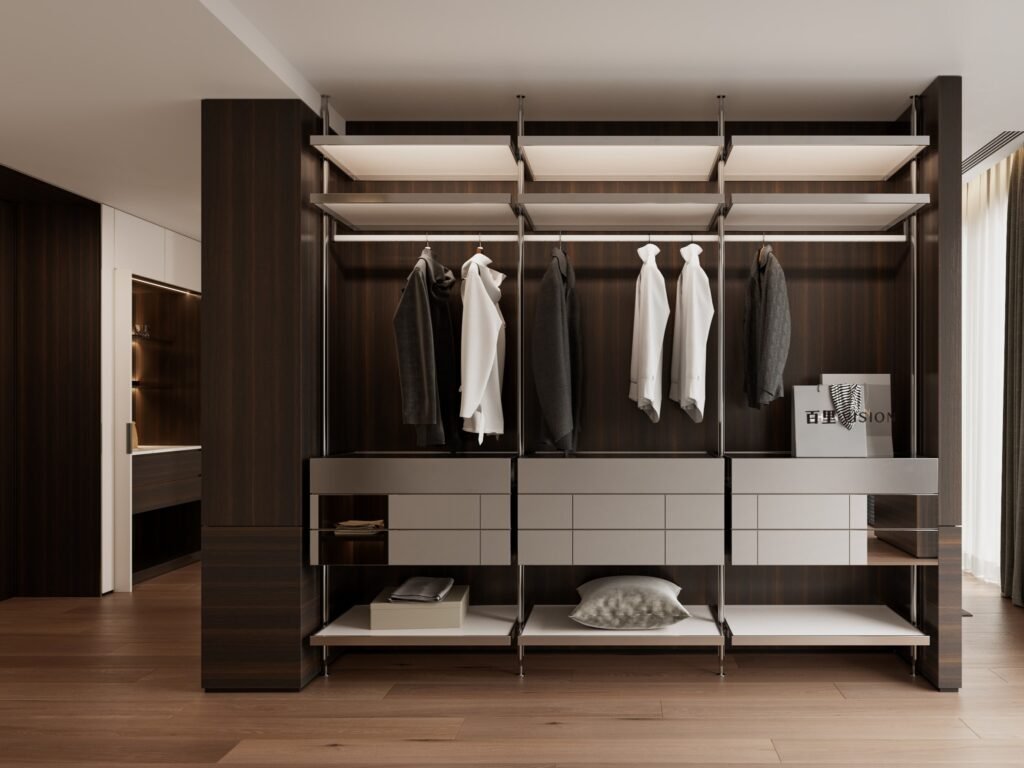 modern open walk in wardrobe with custom storage system