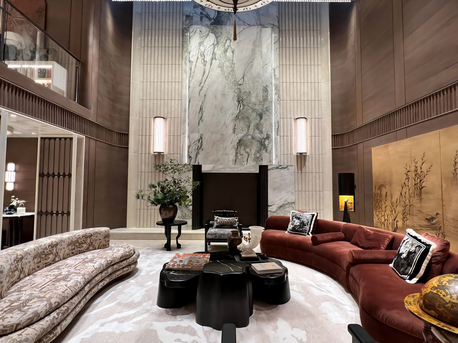 modern-oriental-living-room-with-marble-fireplace-wall