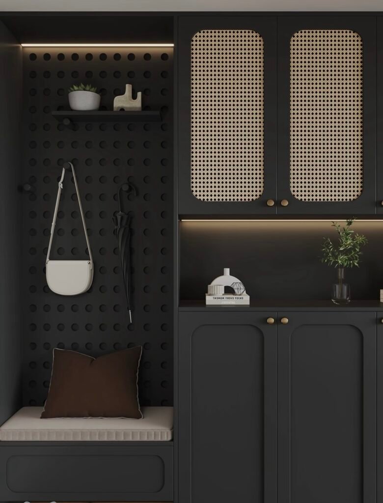 modern rattan entryway cabinet with seat and hooks