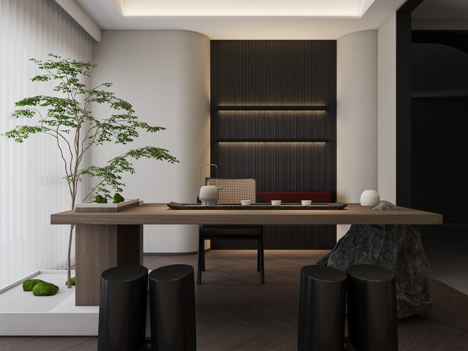 modern tea room wood table zen interior scaled modern-tea-room-wood-table-zen-interior